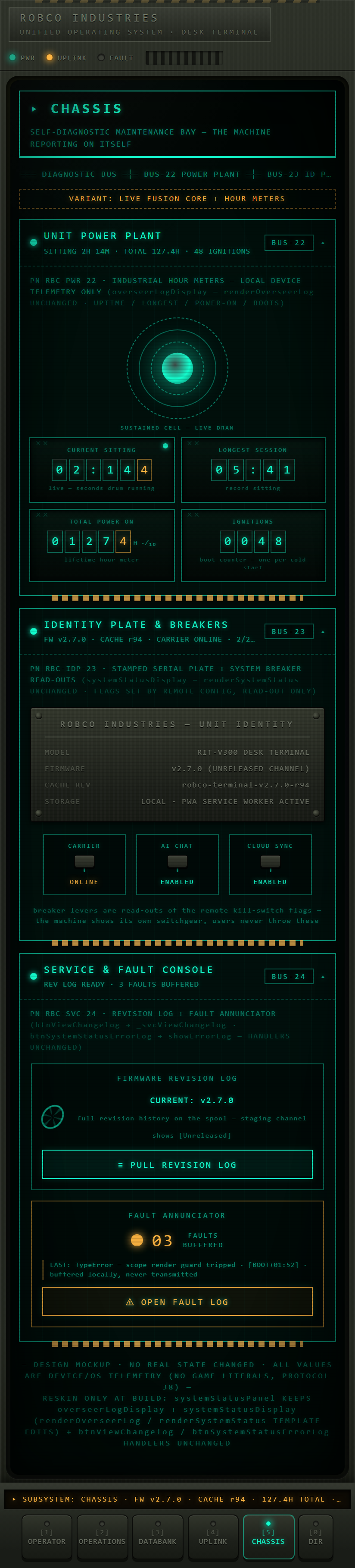 Design mockup: chassis power plant with odometer drum-wheel hour meters and a live fusion core