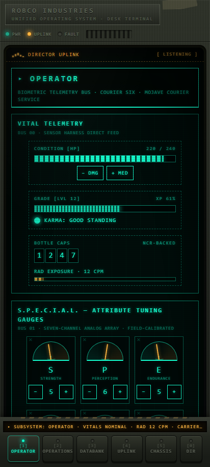 Design mockup: operator console with segmented condition bar and DMG/MED keys